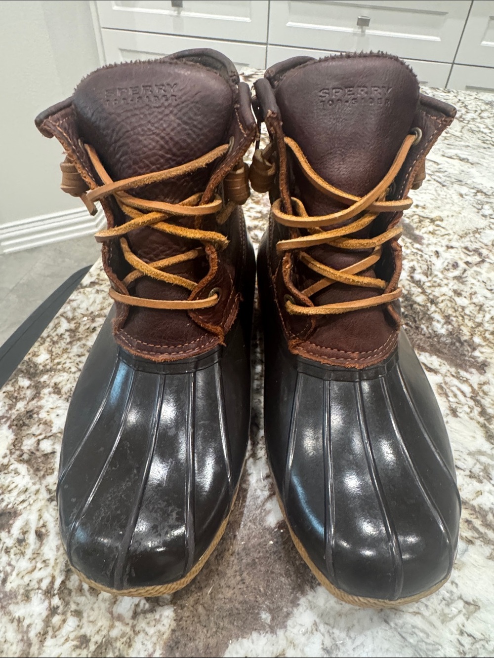 Sperry Brown Leather and Black Rubber Lace-Up Duck Boots